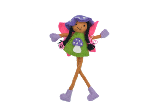 This Global Groove Life, handmade, ethical, fair trade, eco-friendly, sustainable, raven haired, green and pink, mushroom bonnet fairy ,was created by artisans in Kathmandu Nepal and is adorned with an adorable purple mushroom motif.