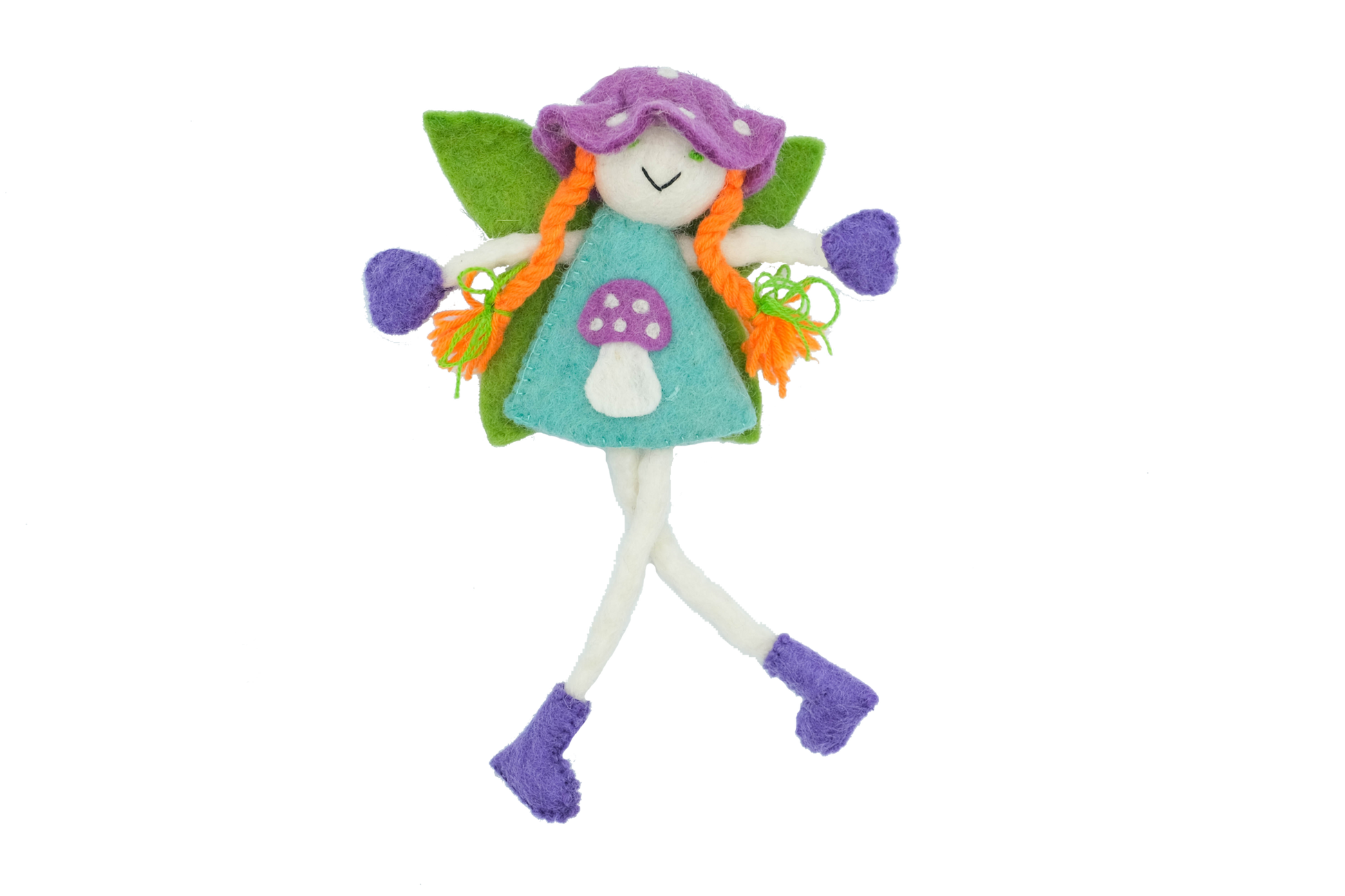 This Global Groove Life, handmade, ethical, fair trade, eco-friendly, sustainable, ginger haired, purple and turquoise, mushroom bonnet fairy ,was created by artisans in Kathmandu Nepal and is adorned with an adorable lavender mushroom motif.