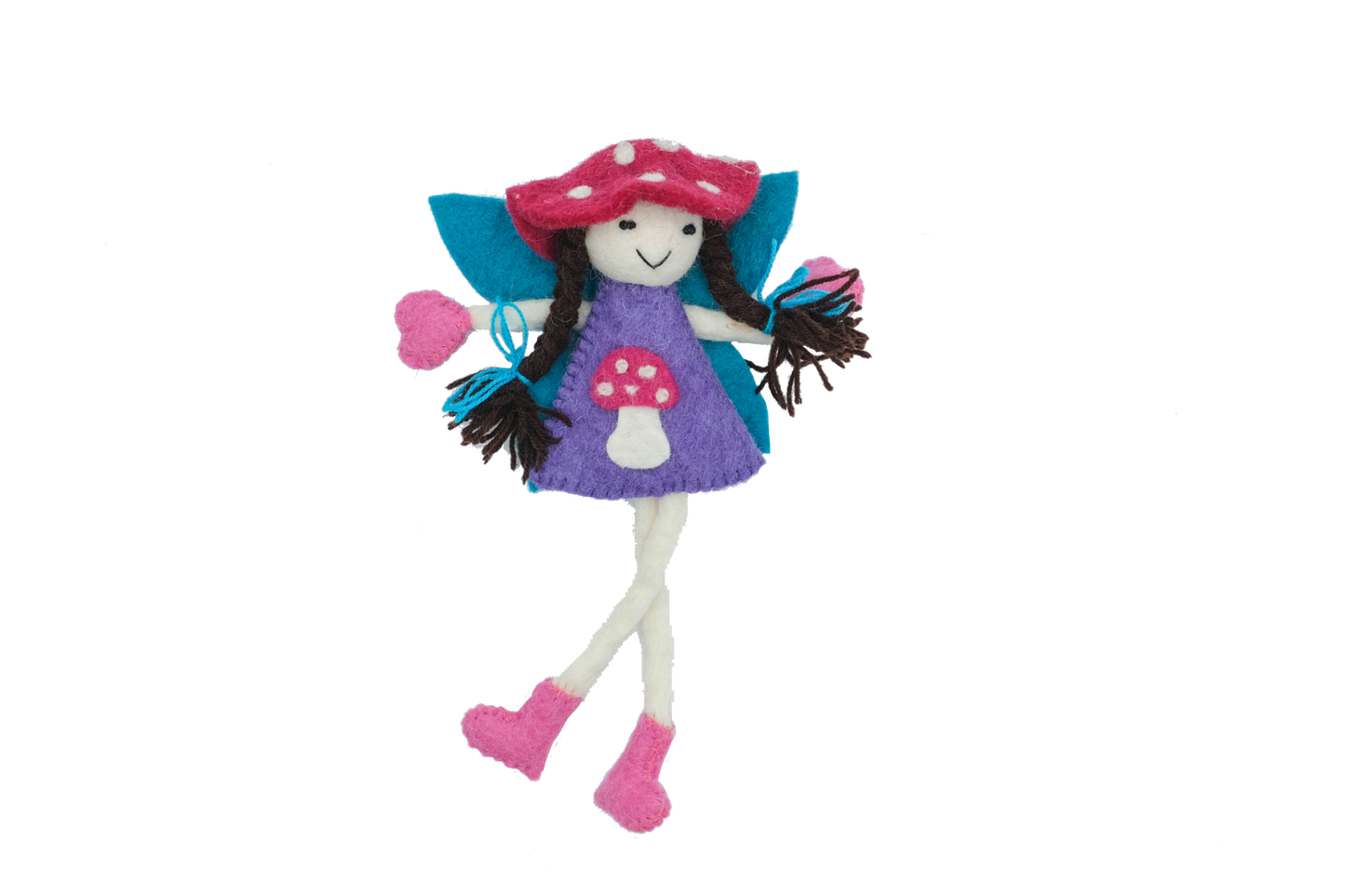 This Global Groove Life, handmade, ethical, fair trade, eco-friendly, sustainable, purple and turquoise, mushroom bonnet fairy ,was created by artisans in Kathmandu Nepal and is adorned with an adorable hot pink mushroom motif.