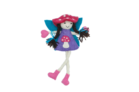 This Global Groove Life, handmade, ethical, fair trade, eco-friendly, sustainable, purple and turquoise, mushroom bonnet fairy ,was created by artisans in Kathmandu Nepal and is adorned with an adorable hot pink mushroom motif.