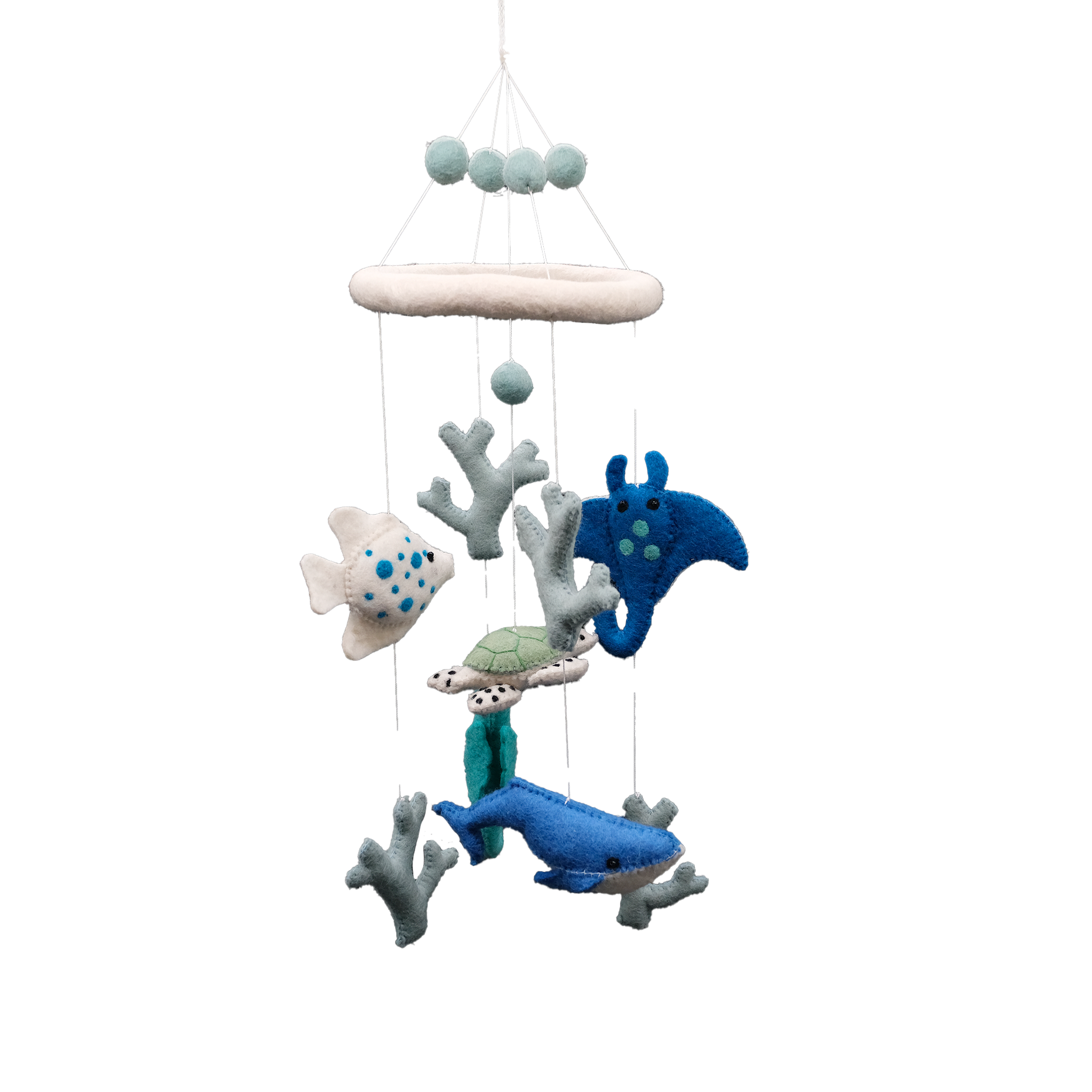 This Global Groove Life, handmade, ethical, fair trade, eco-friendly, sustainable, white, green, yellow, red, blue, New Zealand wool felt blue, grey, white & green, Ocean Friends Mobile, was created by artisans in Kathmandu Nepal and will be a beautiful and fun addition to your home.