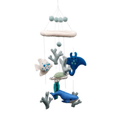 This Global Groove Life, handmade, ethical, fair trade, eco-friendly, sustainable, white, green, yellow, red, blue, New Zealand wool felt blue, grey, white & green, Ocean Friends Mobile, was created by artisans in Kathmandu Nepal and will be a beautiful and fun addition to your home.