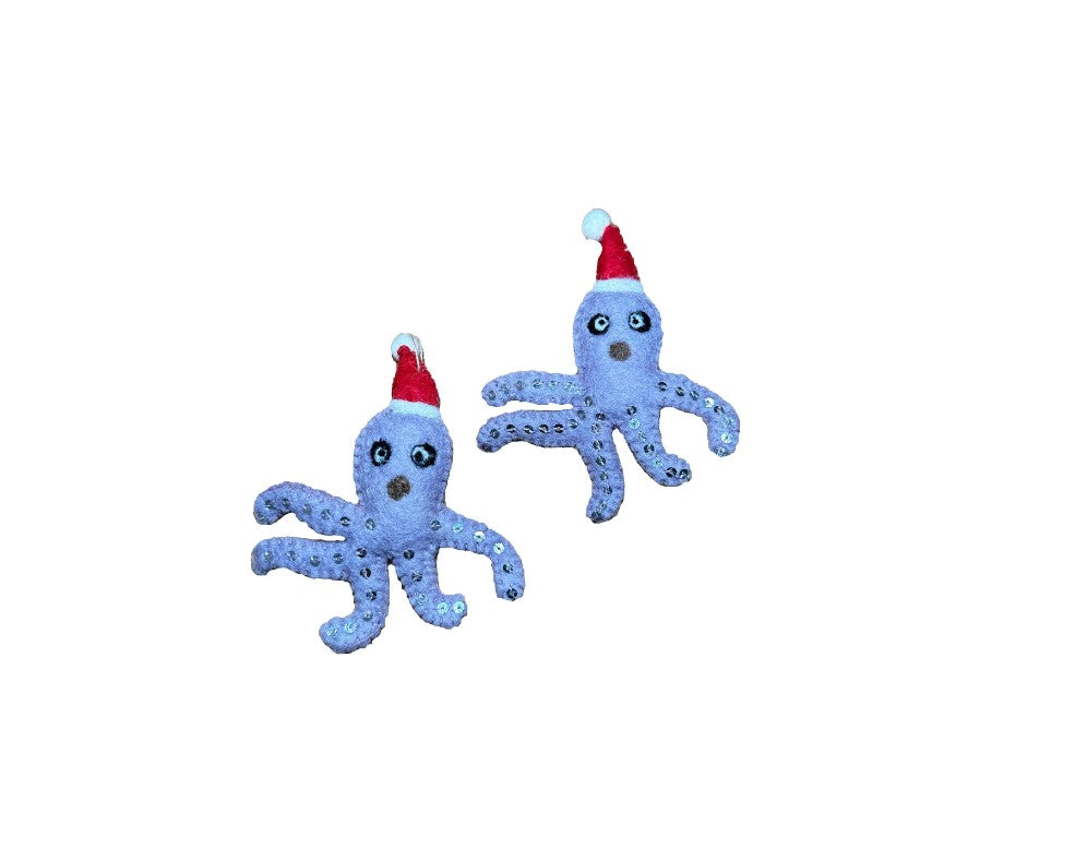 Octopus Santa and Holiday Starfish Felt Ornaments-set of 2
