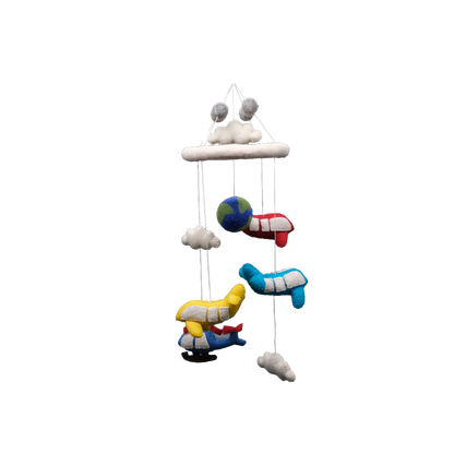 This Global Groove Life, handmade, ethical, fair trade, eco-friendly, sustainable, white, green, yellow, red, blue, New Zealand wool felt Global Groove Flight mobile, with planes and clouds and helicopter, was created by artisans in Kathmandu Nepal and will be a beautiful and fun addition to your home.