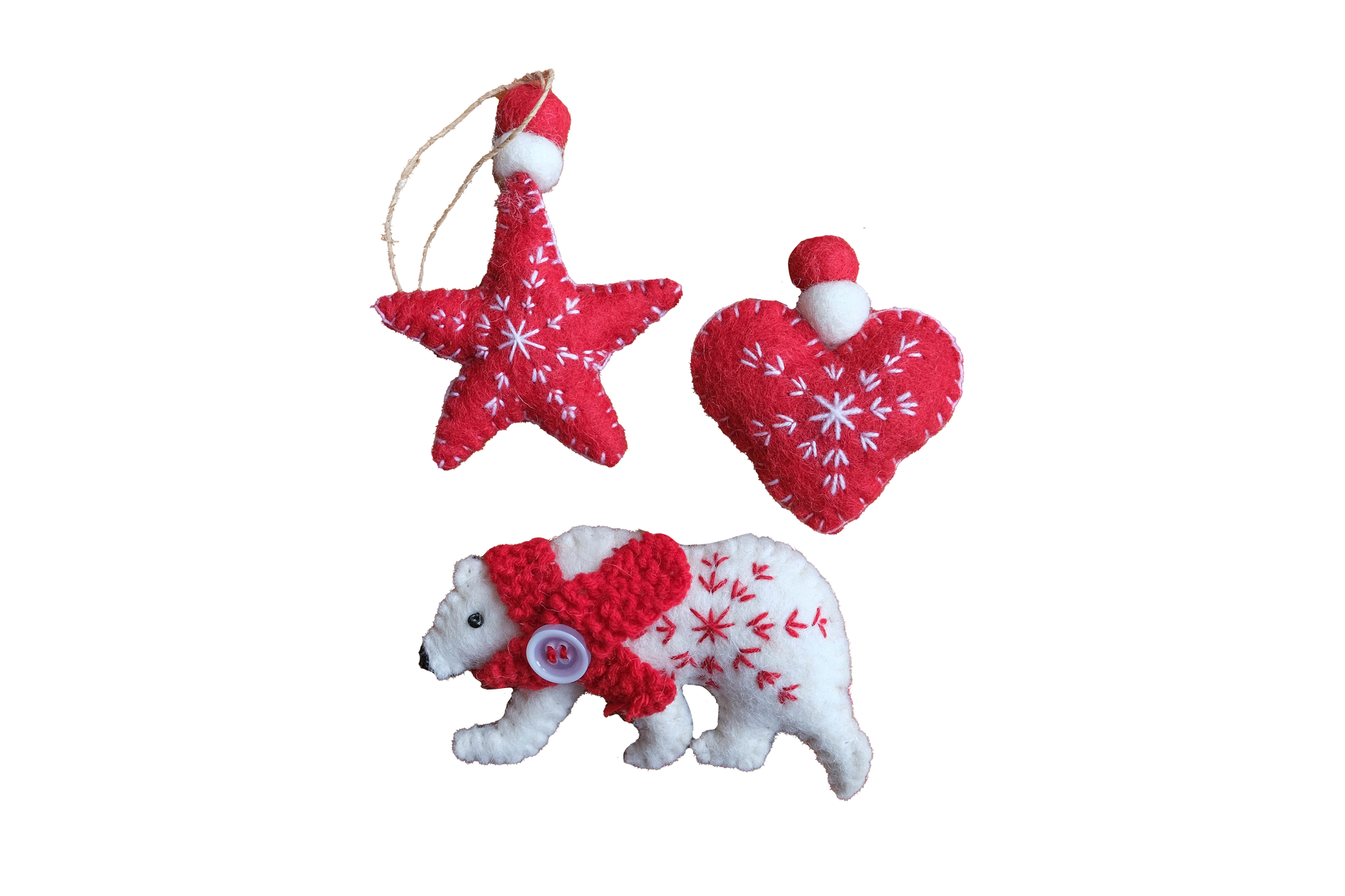 This Global Groove Life, handmade, ethical, fair trade, eco-friendly, sustainable, red and white, Polar Bear, heart and star felt ornament set was created by artisans in Kathmandu Nepal and will be a beautiful and fun addition to your Christmas tree this holiday season.