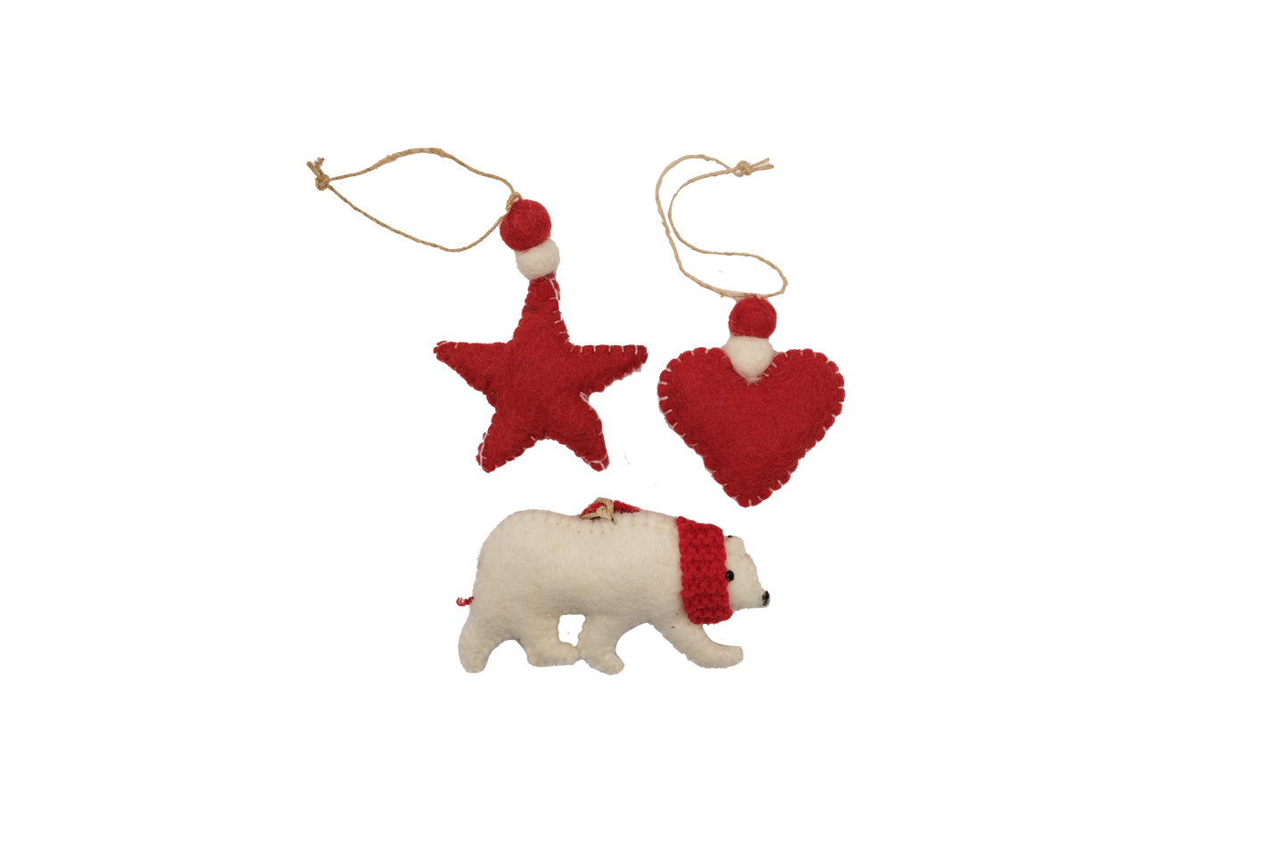 This Global Groove Life, handmade, ethical, fair trade, eco-friendly, sustainable, red and white, Polar Bear, heart and star felt ornament set was created by artisans in Kathmandu Nepal and will be a beautiful and fun addition to your Christmas tree this holiday season.