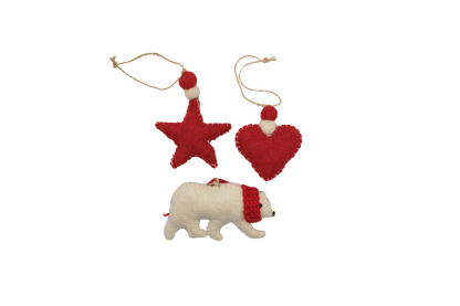 This Global Groove Life, handmade, ethical, fair trade, eco-friendly, sustainable, red and white, Polar Bear, heart and star felt ornament set was created by artisans in Kathmandu Nepal and will be a beautiful and fun addition to your Christmas tree this holiday season.