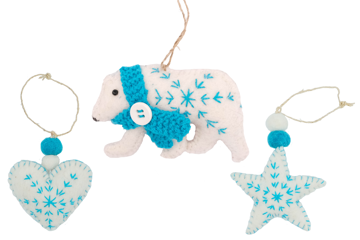 Heart, Star and Polar Bear Ornaments--Turquoise--Set of 3