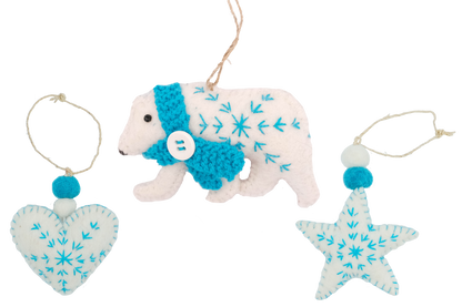 Heart, Star and Polar Bear Ornaments--Turquoise--Set of 3