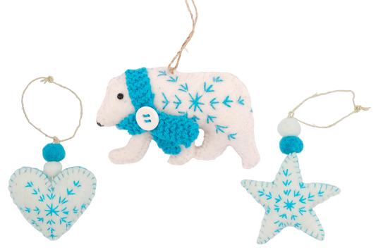 Heart, Star and Polar Bear Ornaments--Turquoise--Set of 3