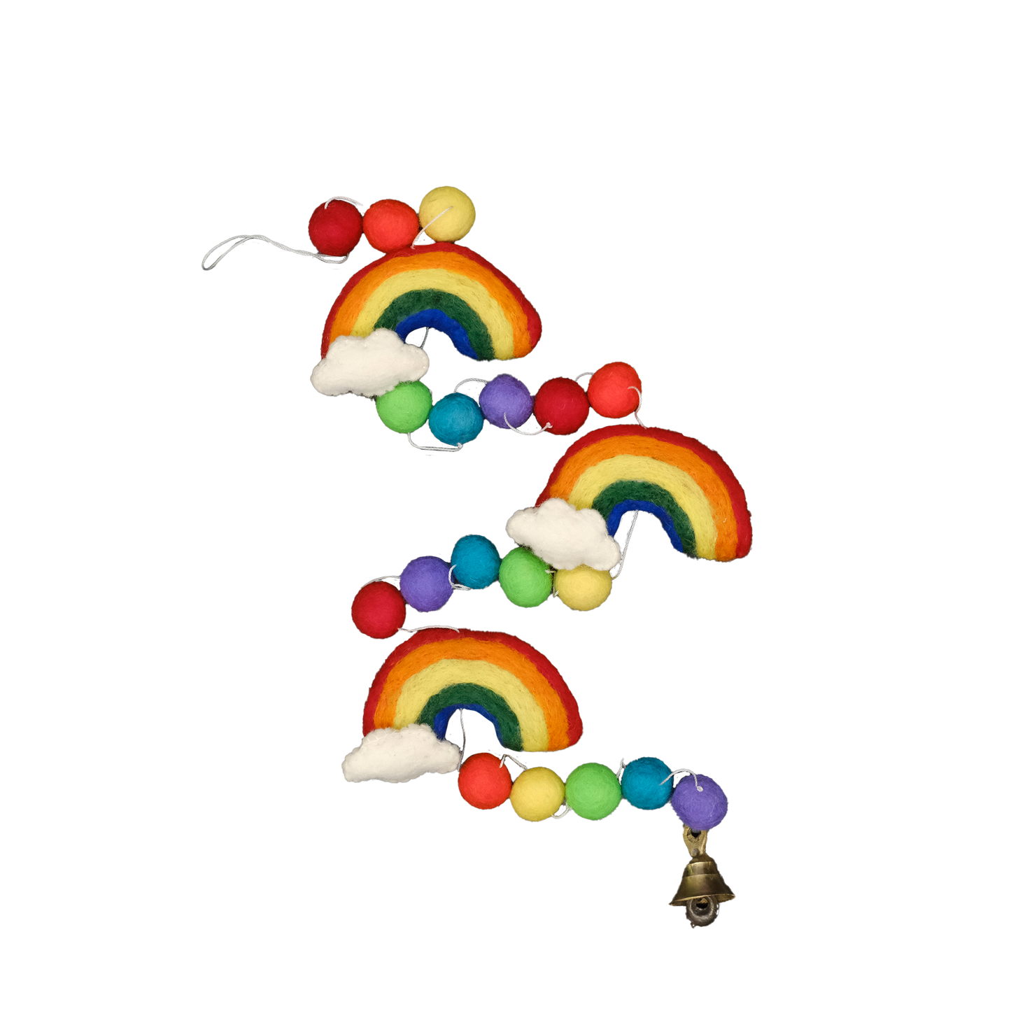 This Global Groove Life, handmade, ethical, fair trade, eco-friendly, sustainable, New Zealand Wool Felt, red, orange, yellow, green, blue & purple Rainbow Cloud Garland, was created by artisans in Kathmandu Nepal and will bring beautiful warmth, color and fun to your home.