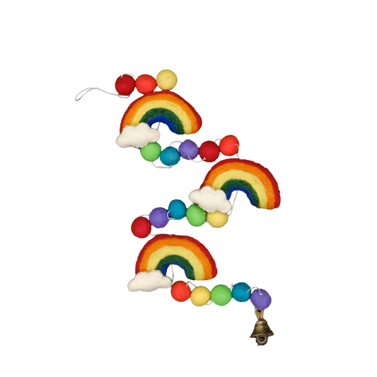 This Global Groove Life, handmade, ethical, fair trade, eco-friendly, sustainable, New Zealand Wool Felt, red, orange, yellow, green, blue & purple Rainbow Cloud Garland, was created by artisans in Kathmandu Nepal and will bring beautiful warmth, color and fun to your home.