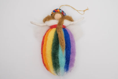 This Global Groove Life, handmade, ethical, fair trade, eco-friendly, sustainable, felt, rainbow angel fairy ornament, was created by artisans in Kathmandu Nepal and will be a beautiful addition to your Christmas tree this holiday season.