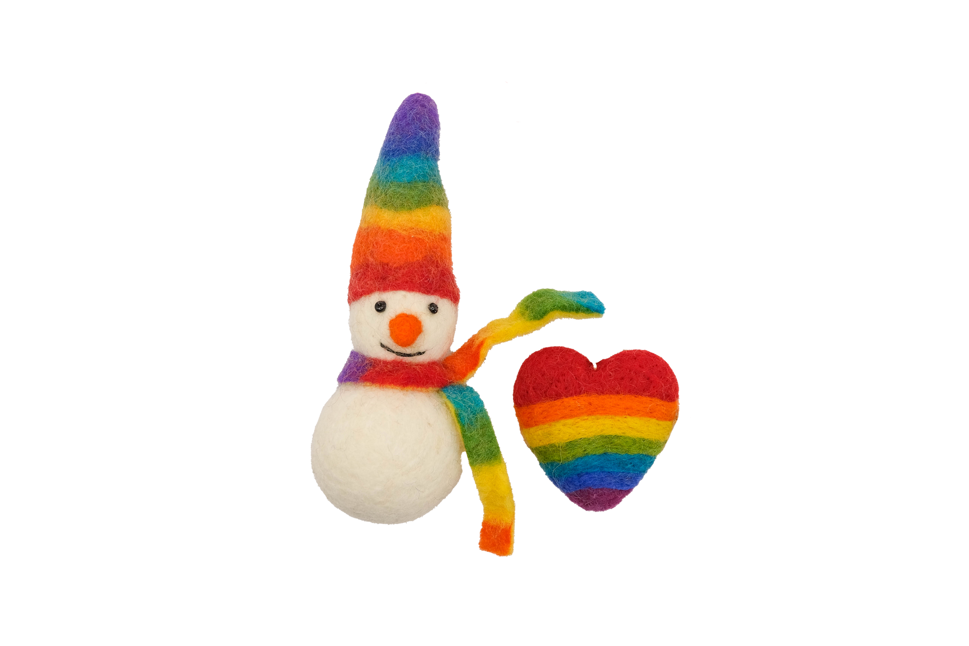 This Global Groove Life, handmade, ethical, fair trade, eco-friendly, sustainable, rainbow felt Frosty the Snow Cone snow man with adorable rainbow heart ornament set was created by artisans in Kathmandu Nepal and will bring colorful warmth and fun to your Christmas tree.