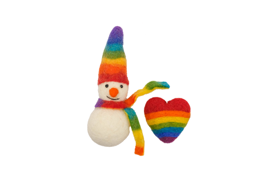 This Global Groove Life, handmade, ethical, fair trade, eco-friendly, sustainable, rainbow felt Frosty the Snow Cone snow man with adorable rainbow heart ornament set was created by artisans in Kathmandu Nepal and will bring colorful warmth and fun to your Christmas tree.