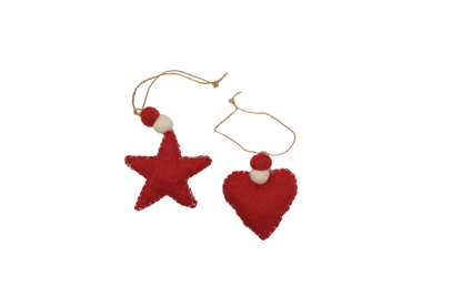 Red Heart and Star Felt Ornaments--Red--Set of 2