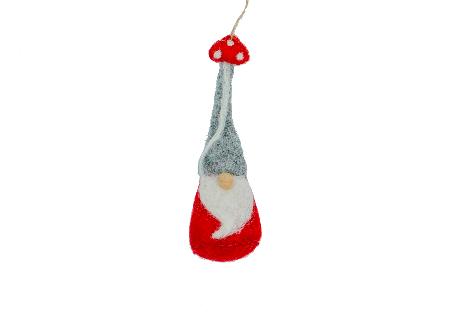 This Global Groove Life, handmade, ethical, fair trade, eco-friendly, sustainable, felt, red gnome ornament with mushroom motif, was created by artisans in Kathmandu Nepal and will be a beautiful addition to your Christmas tree this holiday season.
