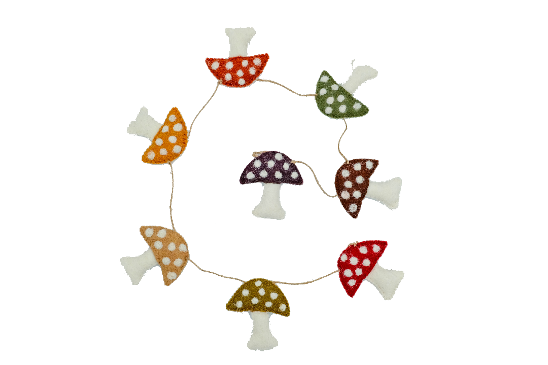 This Global Groove Life, handmade, ethical, fair trade, eco-friendly, sustainable, mustard, orange, brown, green and white felt harvest colors mushroom garland was created by artisans in Kathmandu Nepal and will bring beautiful warmth, color and fun to your home..