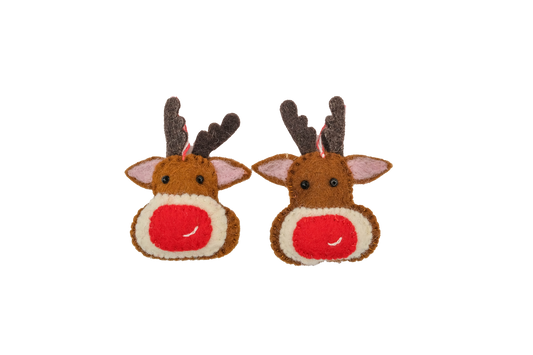 This Global Groove Life, handmade, ethical, fair trade, eco-friendly, sustainable, felt Rudolph Reindeer ornament set was created by artisans in Kathmandu Nepal and will bring colorful warmth and fun to your Christmas tree this season.
