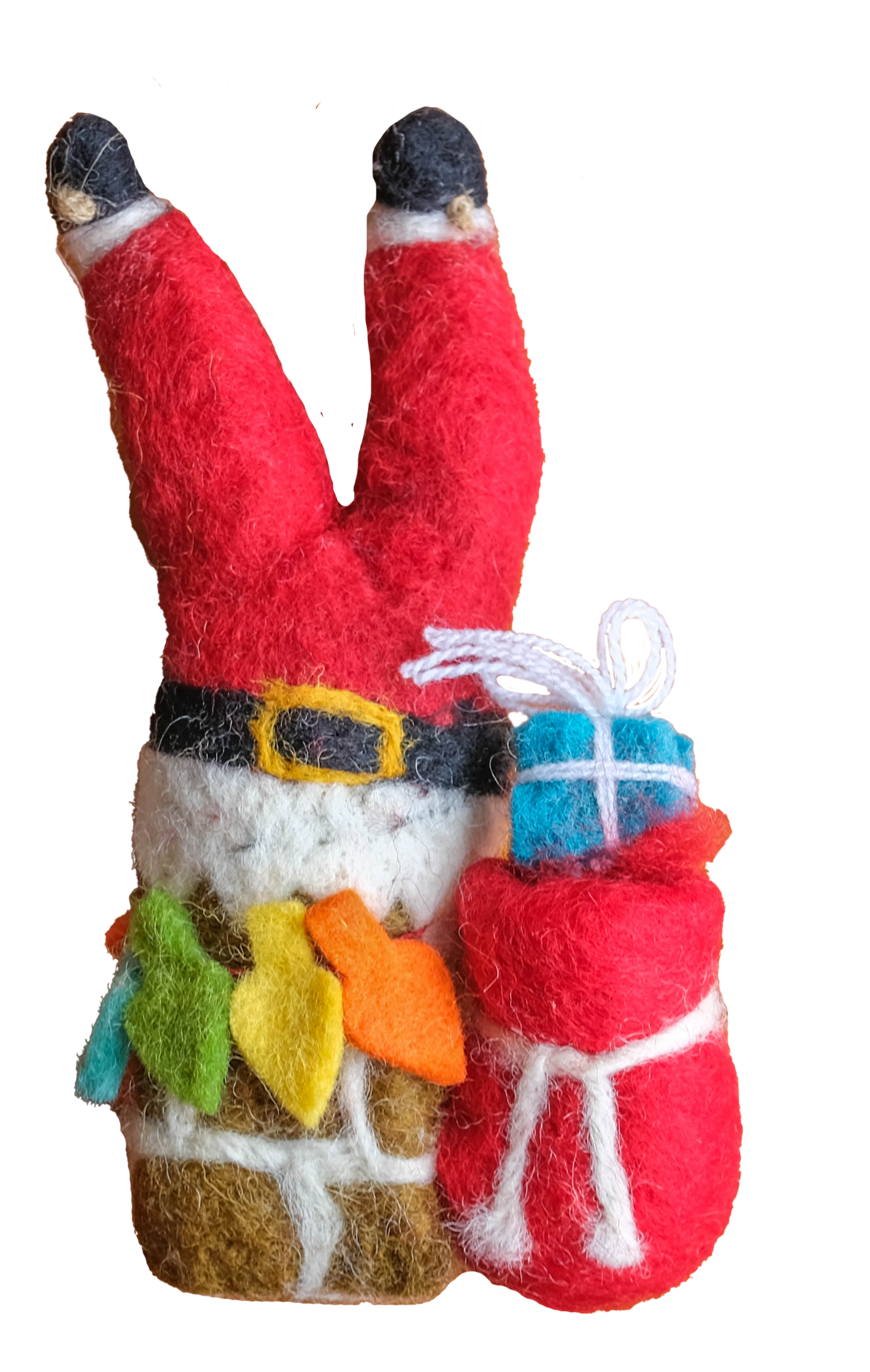 This Global Groove Life, handmade, ethical, fair trade, eco-friendly, sustainable, red, white and turquoise, Up on the Houstop Santa and Elf Stocking felt ornament set was created by artisans in Kathmandu Nepal and will bring beautiful warmth, color and fun to your Christmas tree.