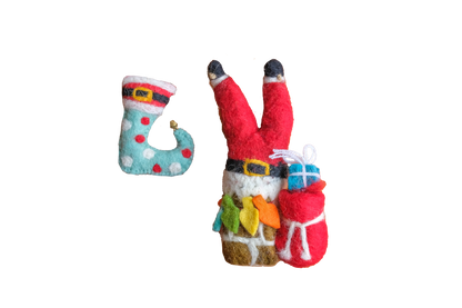 This Global Groove Life, handmade, ethical, fair trade, eco-friendly, sustainable, red, white and turquoise, Up on the Houstop Santa and Elf Stocking felt ornament set was created by artisans in Kathmandu Nepal and will bring beautiful warmth, color and fun to your Christmas tree.