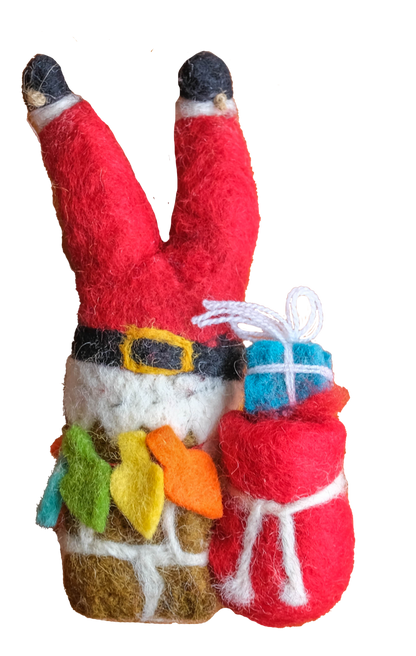 This Global Groove Life, handmade, ethical, fair trade, eco-friendly, sustainable, red, white and turquoise, Up on the Houstop Santa and Elf Stocking felt ornament set was created by artisans in Kathmandu Nepal and will bring beautiful warmth, color and fun to your Christmas tree.