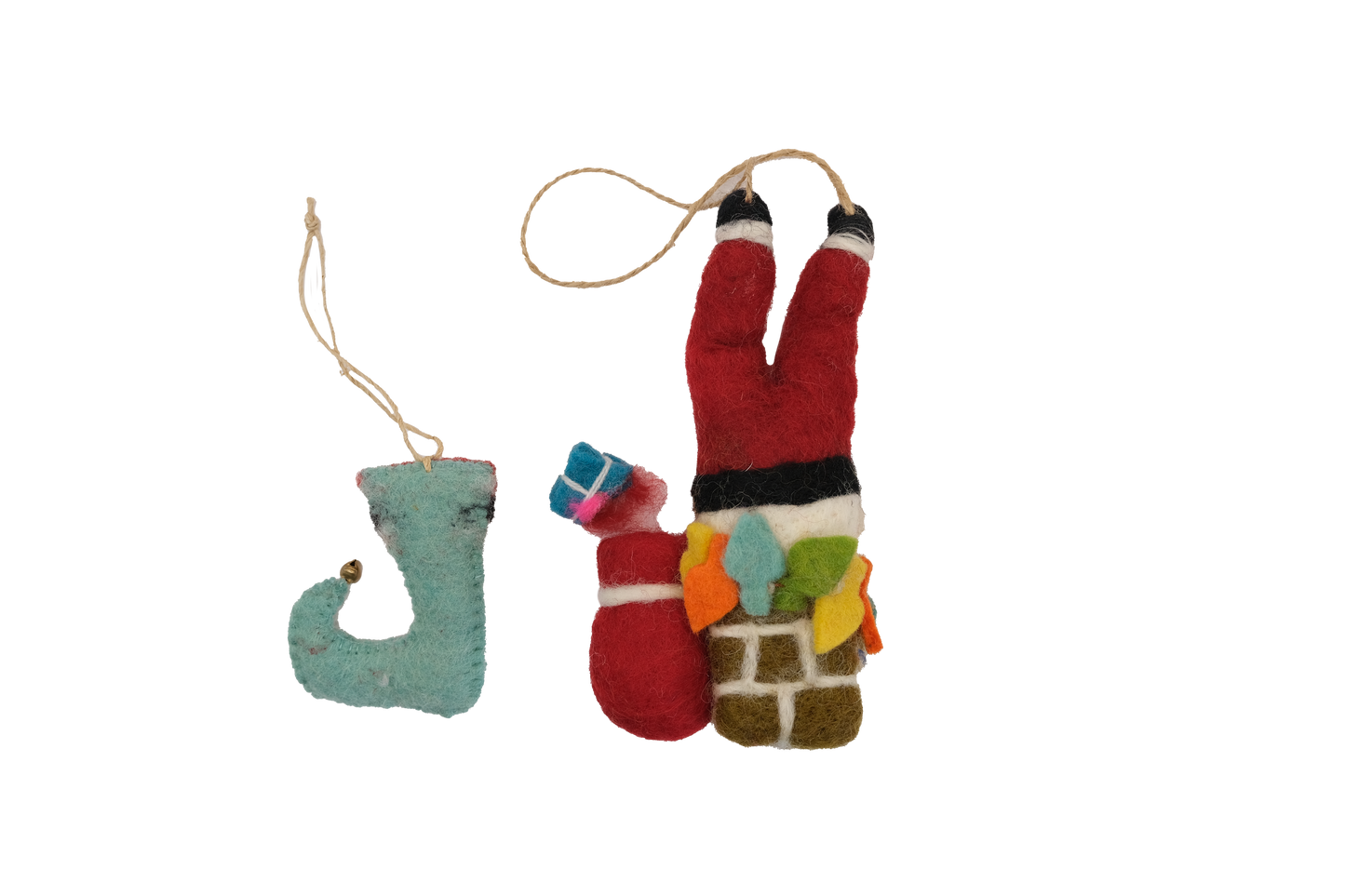 This Global Groove Life, handmade, ethical, fair trade, eco-friendly, sustainable, red, white and turquoise, Up on the Houstop Santa and Elf Stocking felt ornament set was created by artisans in Kathmandu Nepal and will bring beautiful warmth, color and fun to your Christmas tree.