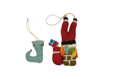 This Global Groove Life, handmade, ethical, fair trade, eco-friendly, sustainable, red, white and turquoise, Up on the Houstop Santa and Elf Stocking felt ornament set was created by artisans in Kathmandu Nepal and will bring beautiful warmth, color and fun to your Christmas tree.