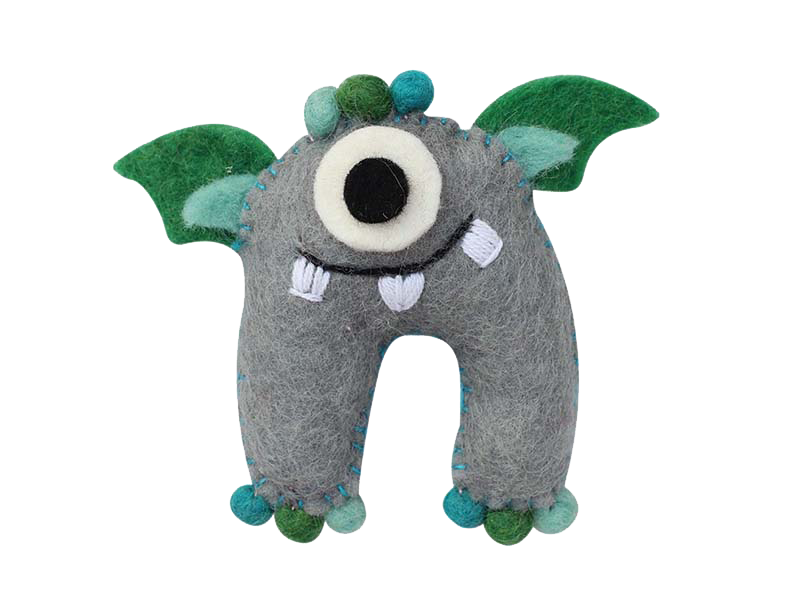 This Global Groove Life, handmade, ethical, fair trade, eco-friendly, sustainable, grey and green, tooth fairy monster, was created by artisans in Kathmandu Nepal and is adorned with an adorable winged monster motif.
