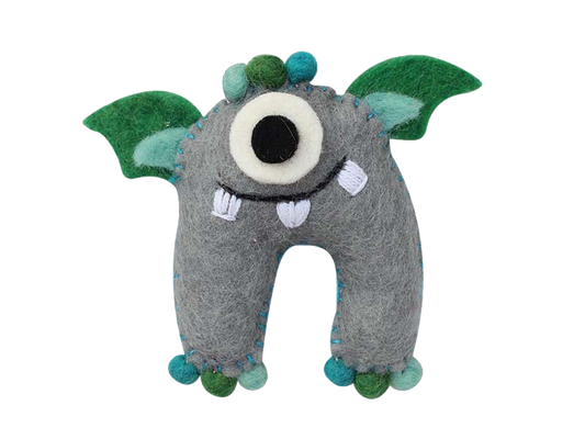 This Global Groove Life, handmade, ethical, fair trade, eco-friendly, sustainable, grey and green, tooth fairy monster, was created by artisans in Kathmandu Nepal and is adorned with an adorable winged monster motif.