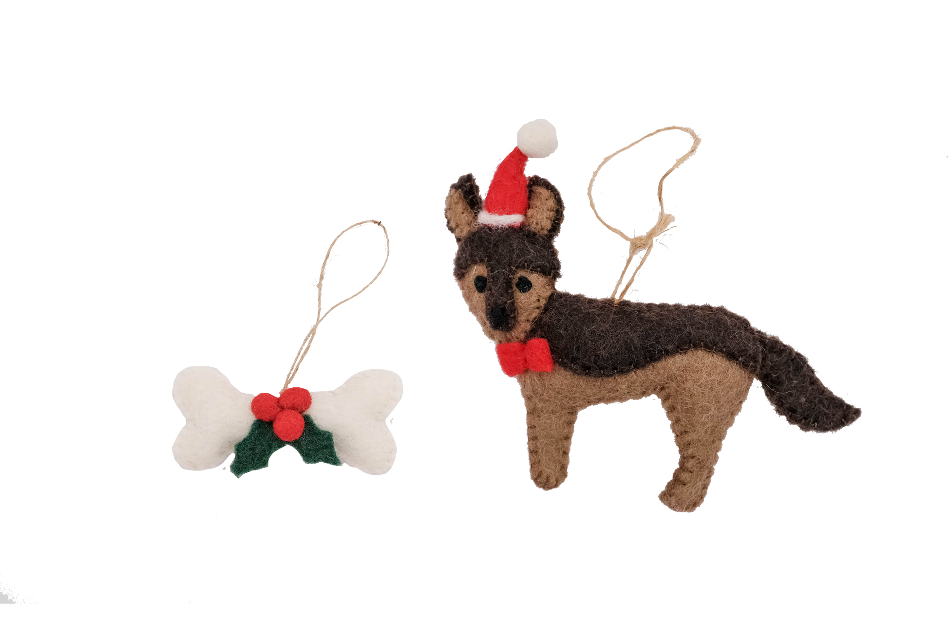 This Global Groove Life, handmade, ethical, fair trade, eco-friendly, sustainable, brown, German Shepard Santa Dog with white, green and red bone treat ornament set was created by artisans in Kathmandu Nepal and will be a beautiful addition to your Christmas tree this holiday season.