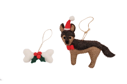 This Global Groove Life, handmade, ethical, fair trade, eco-friendly, sustainable, brown, German Shepard Santa Dog with white, green and red bone treat ornament set was created by artisans in Kathmandu Nepal and will be a beautiful addition to your Christmas tree this holiday season.