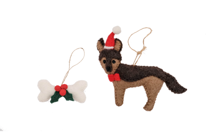 This Global Groove Life, handmade, ethical, fair trade, eco-friendly, sustainable, brown, German Shepard Santa Dog with white, green and red bone treat ornament set was created by artisans in Kathmandu Nepal and will be a beautiful addition to your Christmas tree this holiday season.