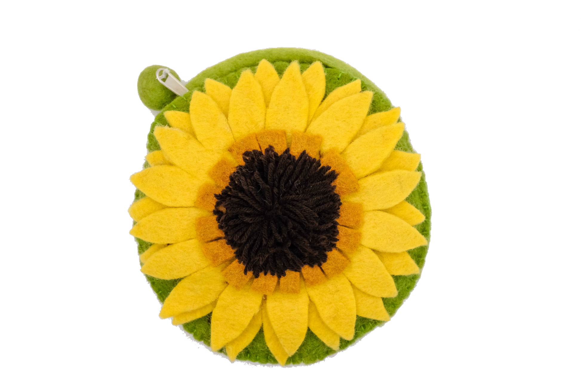 This Global Groove Life, handmade, ethical, fair trade, eco-friendly, sustainable, green  and yellow felt shoulder bag was created by artisans in Kathmandu Nepal and is adorned with an adorable sunflower motif.