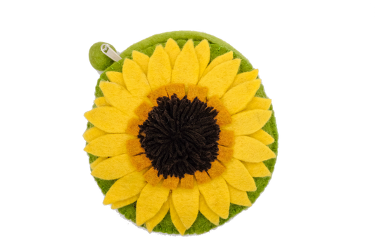 This Global Groove Life, handmade, ethical, fair trade, eco-friendly, sustainable, green  and yellow felt shoulder bag was created by artisans in Kathmandu Nepal and is adorned with an adorable sunflower motif.