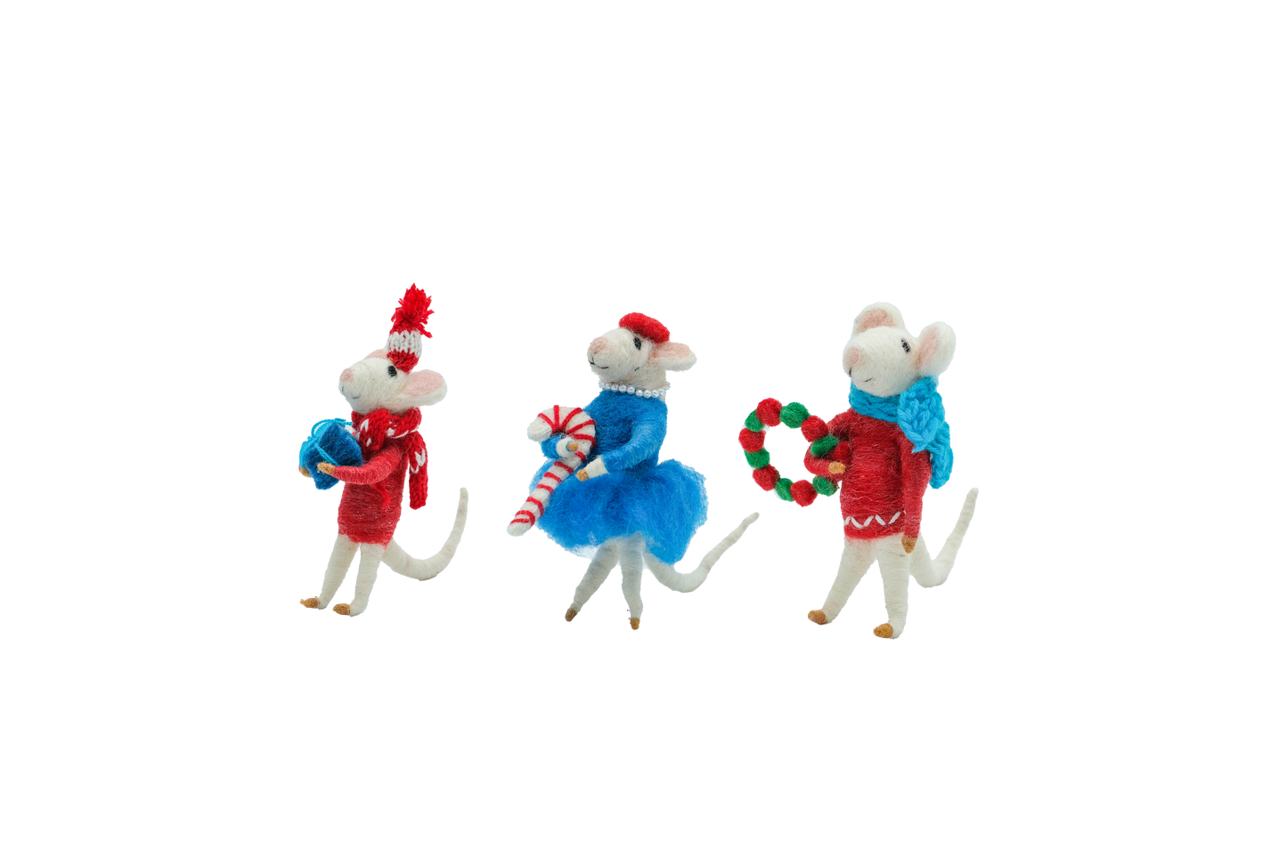 This Global Groove Life, handmade, ethical, fair trade, eco-friendly, sustainable, turquoise, red & white felt set of 3 whimsical Christmas Mice Tabletop Gift Set ,was created by artisans in Kathmandu Nepal and will be a beautiful addition to your Christmas decor this holiday season.