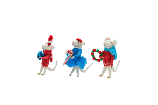 This Global Groove Life, handmade, ethical, fair trade, eco-friendly, sustainable, turquoise, red & white felt set of 3 whimsical Christmas Mice Tabletop Gift Set ,was created by artisans in Kathmandu Nepal and will be a beautiful addition to your Christmas decor this holiday season.