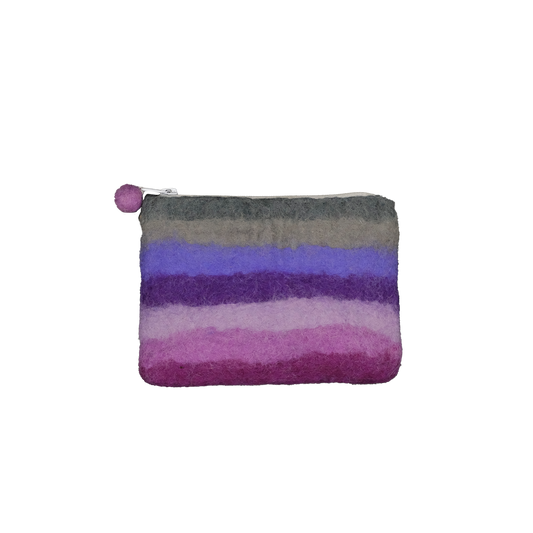 This Global Groove Life, handmade, ethical, fair trade, eco-friendly, sustainable, purple, pink, and grey colored, New Zealand wool zipper coin purse was created by artisans in Kathmandu Nepal and is adorned with stripes and a pom pom zipper pull.