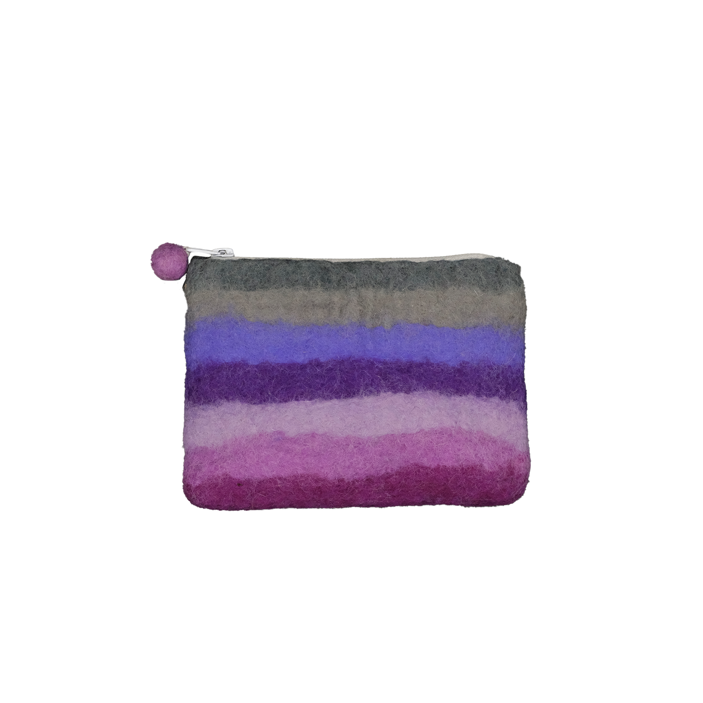 This Global Groove Life, handmade, ethical, fair trade, eco-friendly, sustainable, purple, pink, and grey colored, New Zealand wool zipper coin purse was created by artisans in Kathmandu Nepal and is adorned with stripes and a pom pom zipper pull.