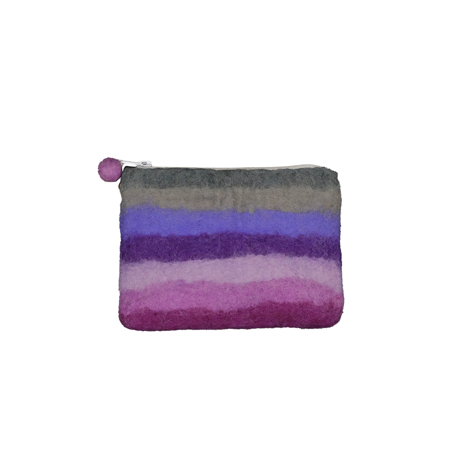 This Global Groove Life, handmade, ethical, fair trade, eco-friendly, sustainable, purple, pink, and grey colored, New Zealand wool zipper coin purse was created by artisans in Kathmandu Nepal and is adorned with stripes and a pom pom zipper pull.
