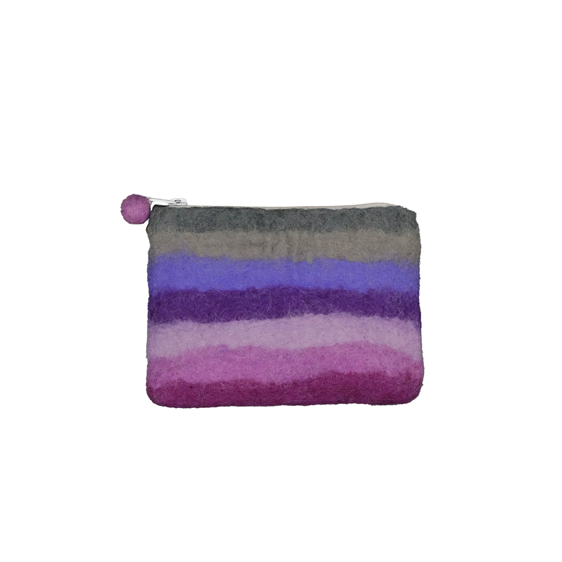 This Global Groove Life, handmade, ethical, fair trade, eco-friendly, sustainable, purple, pink, and grey colored, New Zealand wool zipper coin purse was created by artisans in Kathmandu Nepal and is adorned with stripes and a pom pom zipper pull.