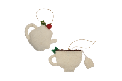 Holiday Teapot and Teacup Wool Felt Christmas Tree Ornament-Set of 2