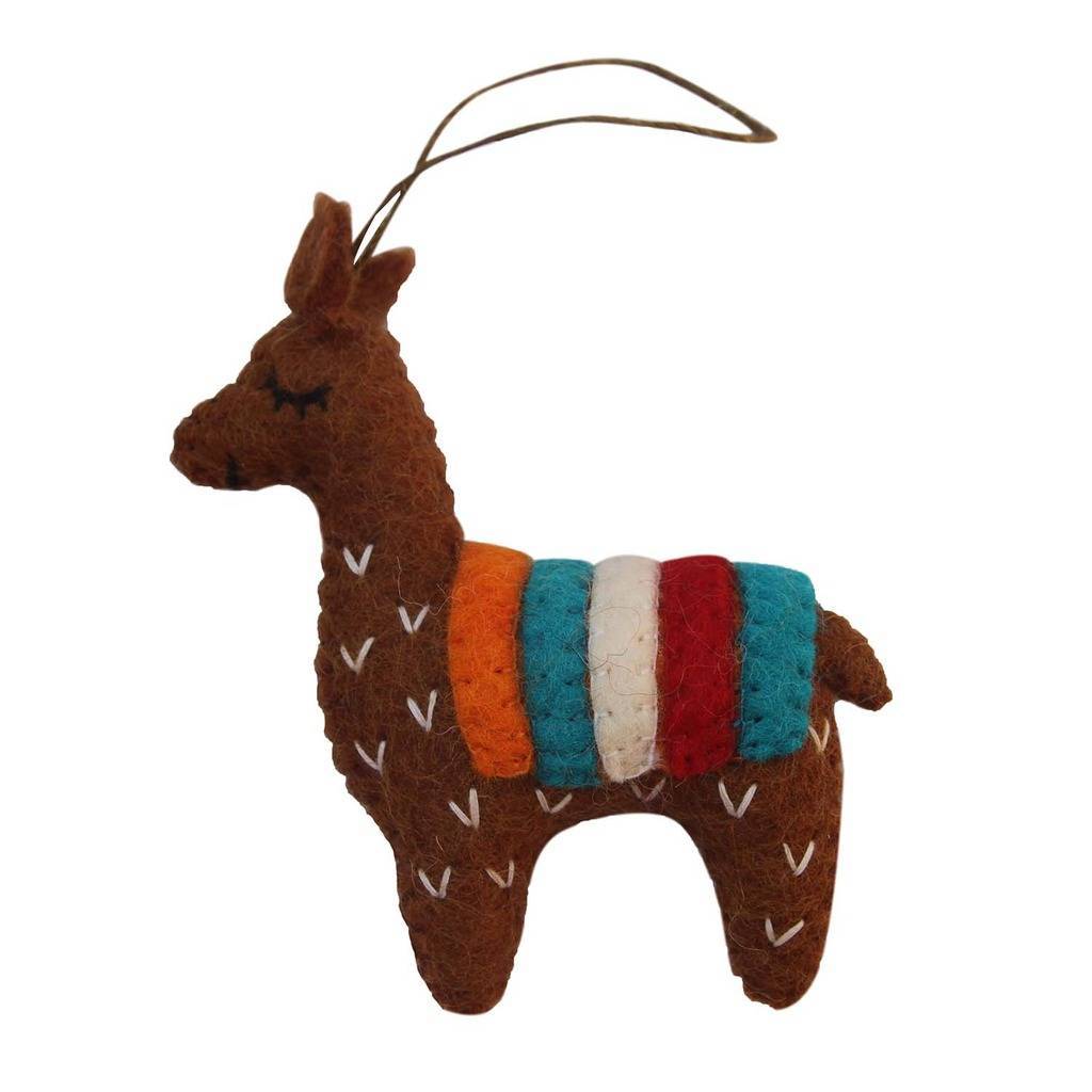 This Global Groove Life, handmade, ethical, fair trade, eco-friendly, sustainable, brown felt Llama ornament was created by artisans in Kathmandu Nepal and will be a beautiful addition to your Christmas tree this holiday season.