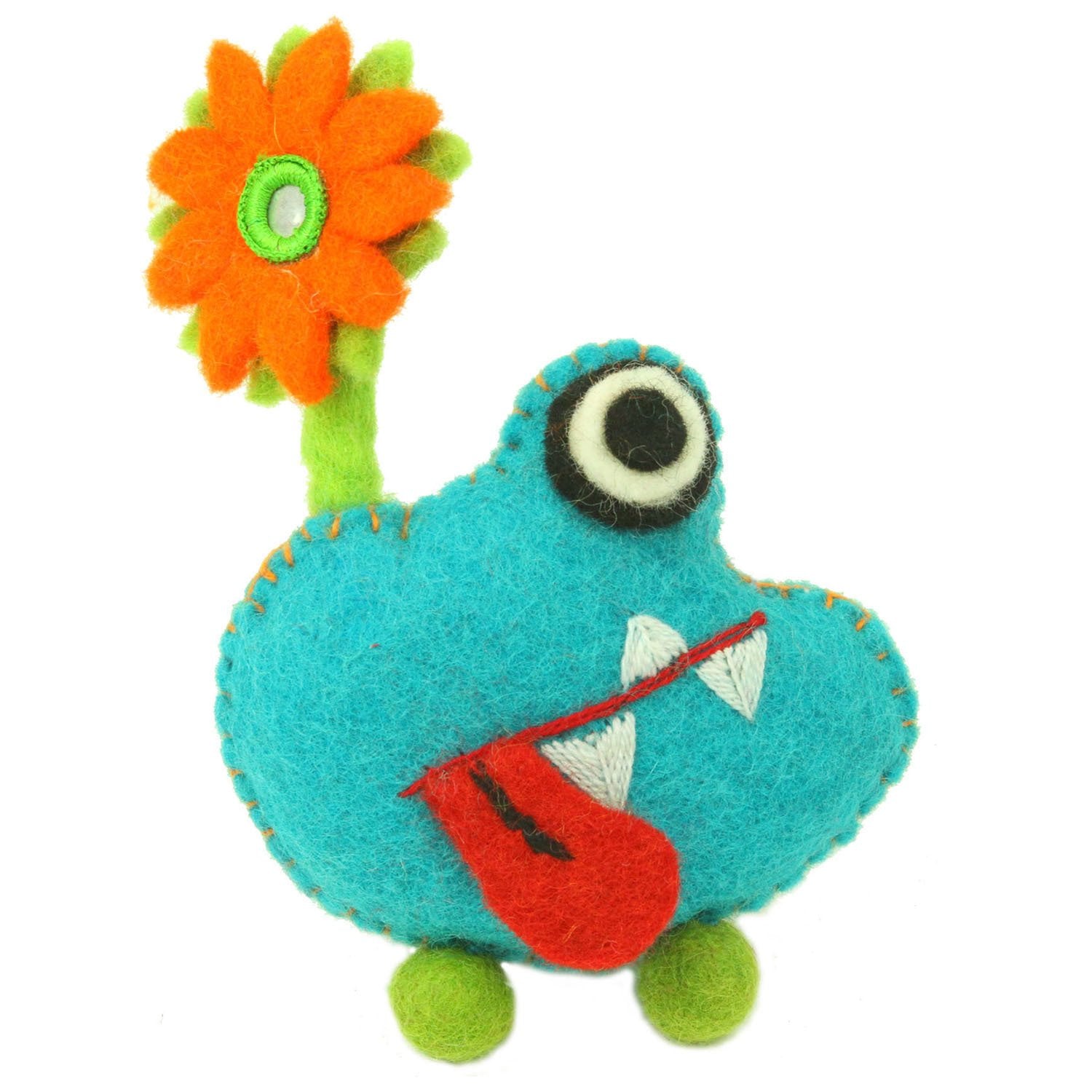 This Global Groove Life, handmade, ethical, fair trade, eco-friendly, sustainable, turquoise and green, tooth fairy monster,was created by artisans in Kathmandu Nepal and is adorned with an adorable flower motif.