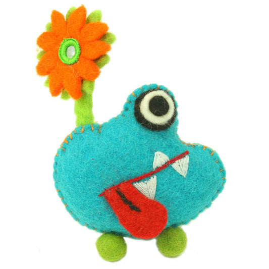 This Global Groove Life, handmade, ethical, fair trade, eco-friendly, sustainable, turquoise and green, tooth fairy monster,was created by artisans in Kathmandu Nepal and is adorned with an adorable flower motif.