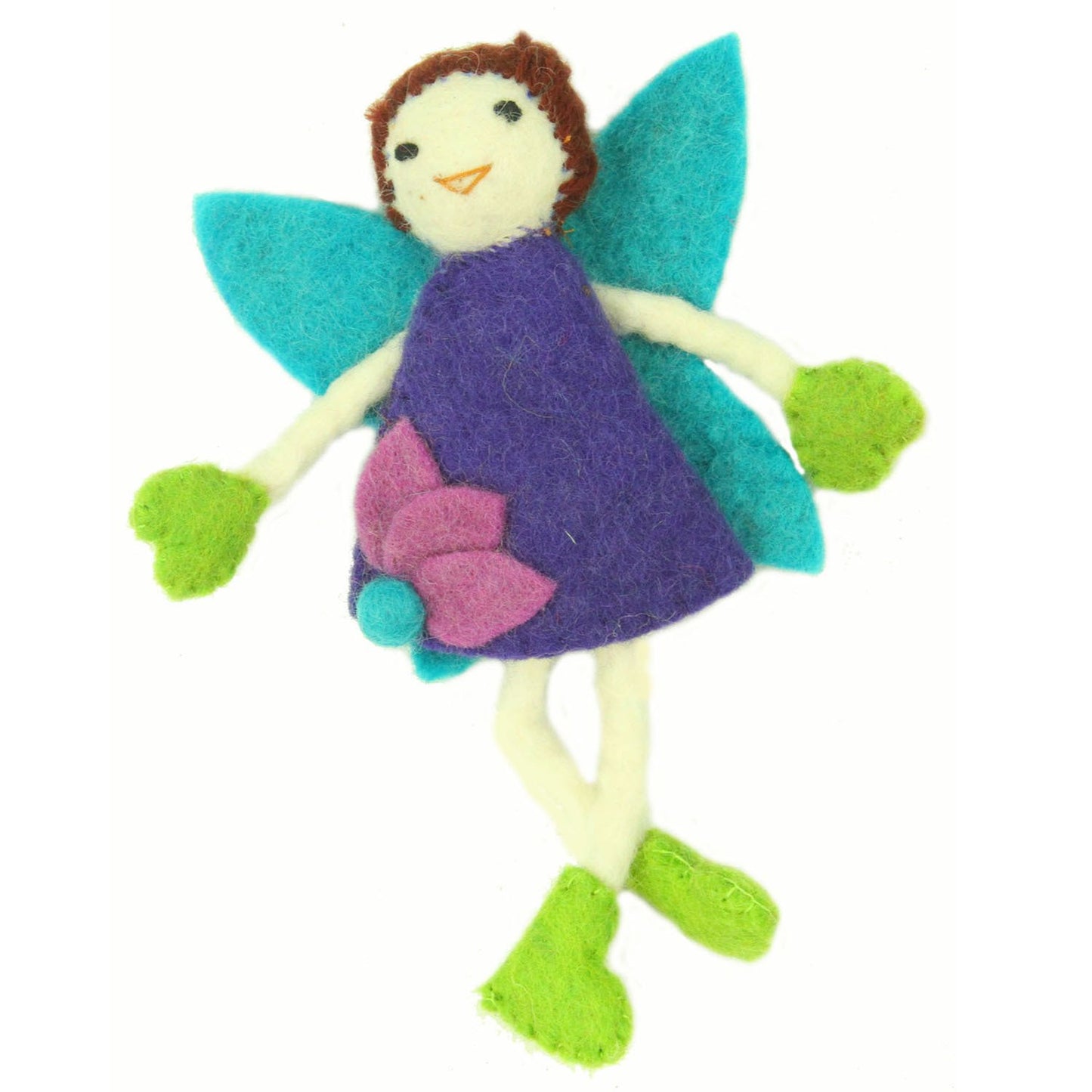 This Global Groove Life, handmade, ethical, fair trade, eco-friendly, sustainable, brunette-haired, purple and turquoise, tooth fairy, was created by artisans in Kathmandu Nepal and is adorned with an adorable flower motif.