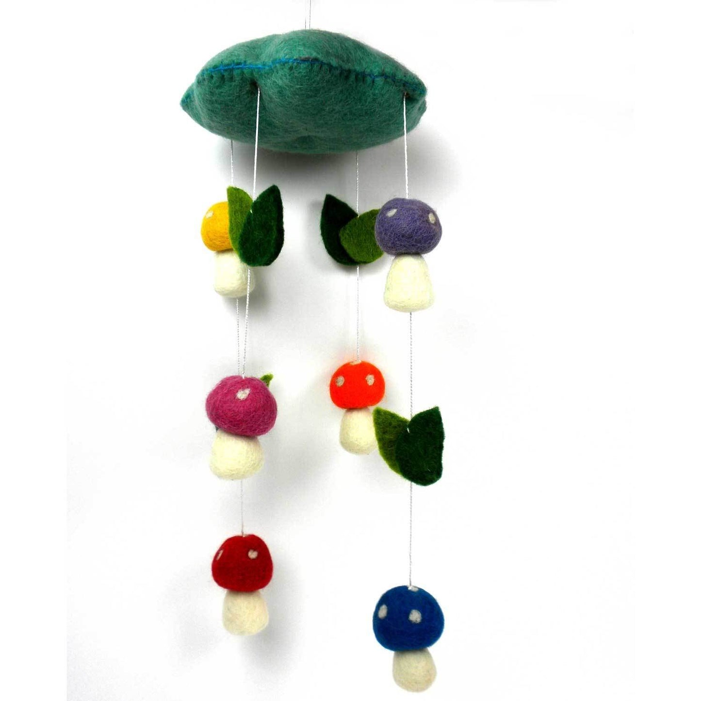 This Global Groove Life, handmade, ethical, fair trade, eco-friendly, sustainable, Blue felt mobile, with yellow, pink, red, orange, purple and blue mushrooms, was created by artisans in Kathmandu Nepal and will be a beautiful and fun addition to your home.