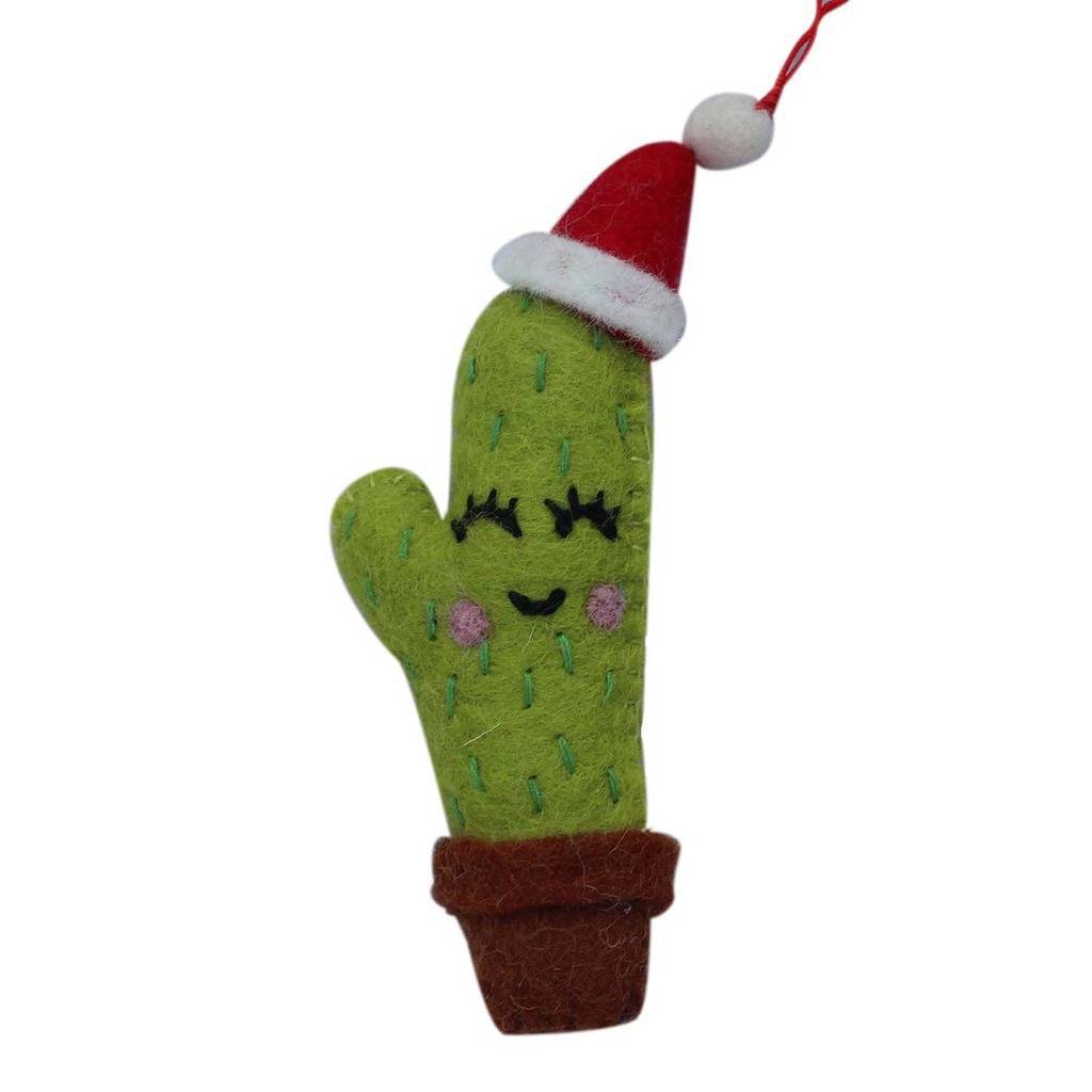 This Global Groove Life, handmade, ethical, fair trade, eco-friendly, sustainable, green smiling cactus with Santa hat felt ornament, was created by artisans in Kathmandu Nepal and will be a beautiful addition to your Christmas tree this holiday season.