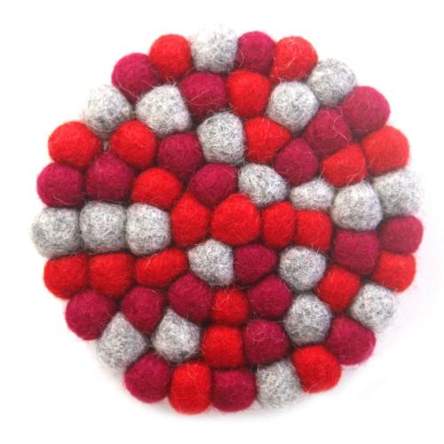Hand Crafted Felt Ball Trivets from Nepal: Round Chakra, Reds - Global Groove (T) - Global Groove Life