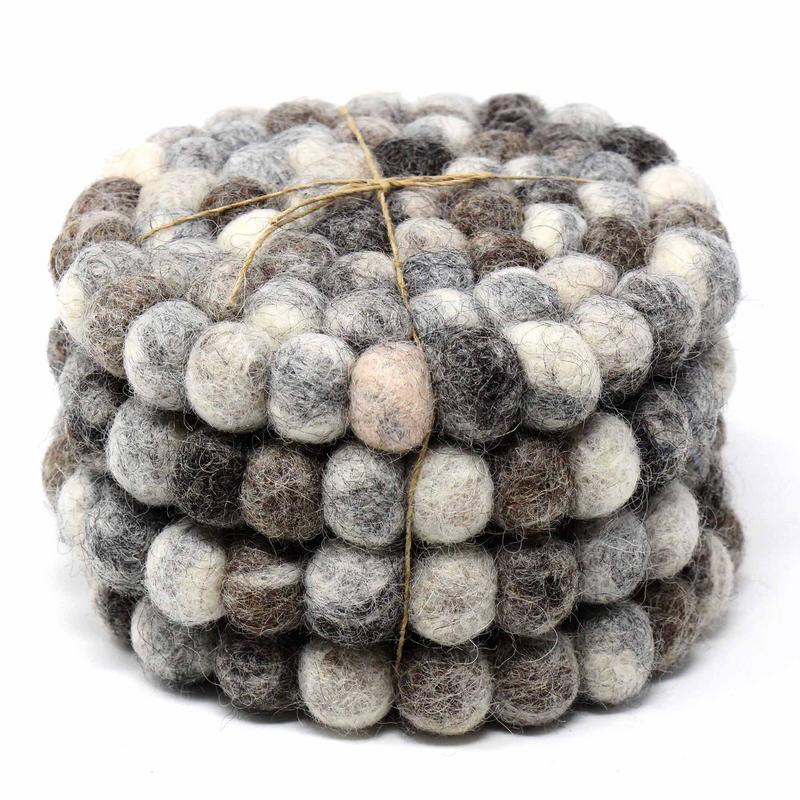 Hand Crafted Felt Ball Coasters from Nepal: 4-pack, Unicolor Grey - Global Groove (T) - Global Groove Life